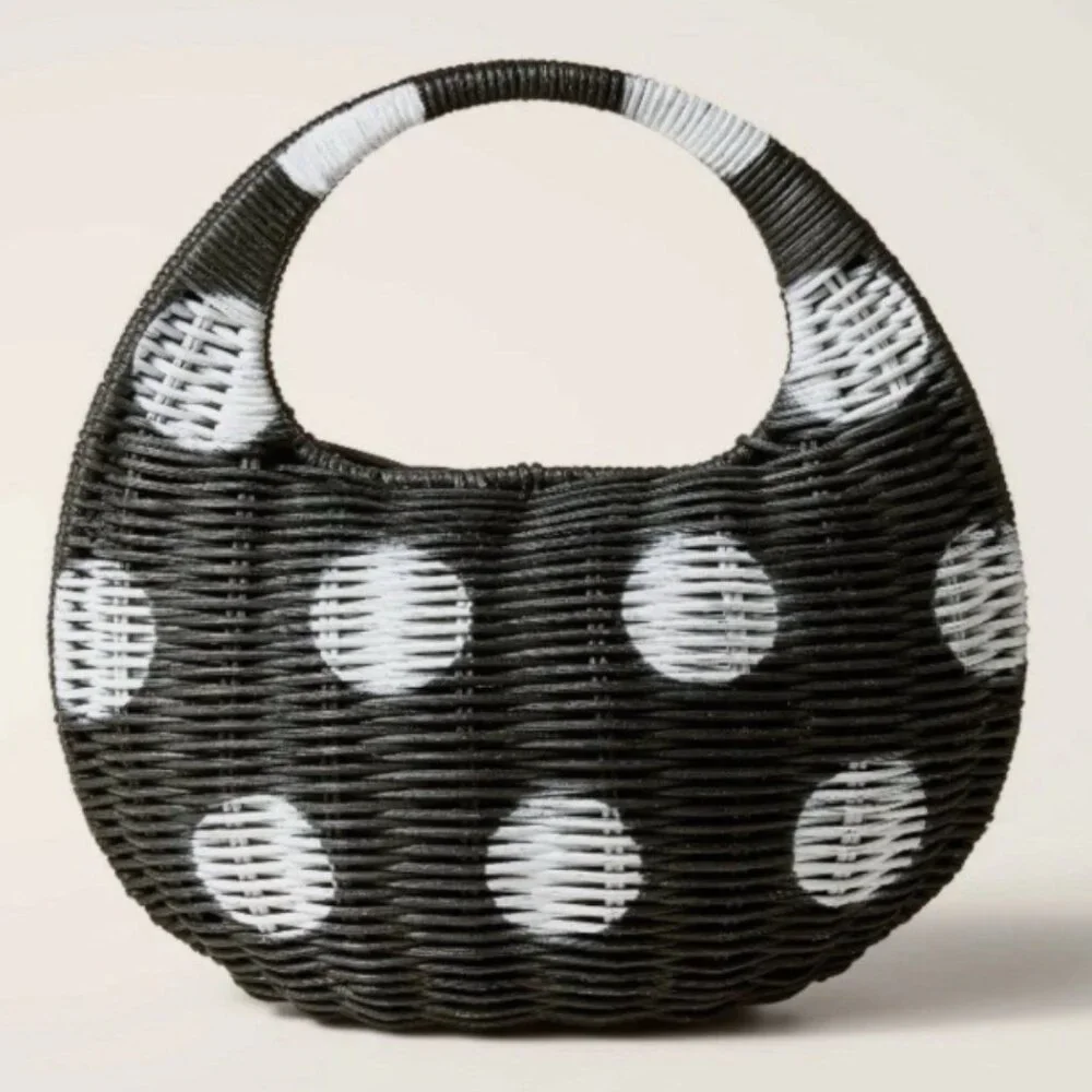 NWT Black and White Kate Spade Polka Dot Wicker Handbag - Picture 2 of 4